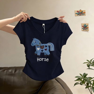 藏青色v领短袖棉t恤女夏季不规则