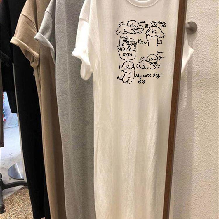 卡通印花连衣裙ins夏季潮牌chic宽松棉中长款过膝短袖t恤裙子女生