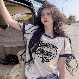 美式复古字母印花短袖t恤女款夏季撞色拼接宽松休闲百搭纯棉上衣