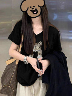 小众v领棉t恤女款夏季设计感黑色正肩宽松松弛感短袖体恤上衣ins