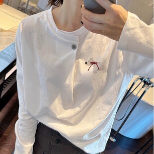 独特漂亮纽扣长袖 韩版 T恤 白色小个子宽松圆领上衣女2026新款 秋季