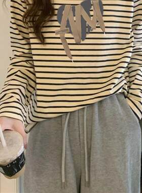 高级感条纹宽松棉t恤女款秋冬
