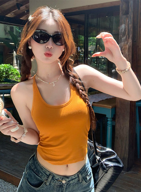 黄色辣妹挂脖上衣女2026新款夏季外穿巨显身材泰式吊带背心带胸垫