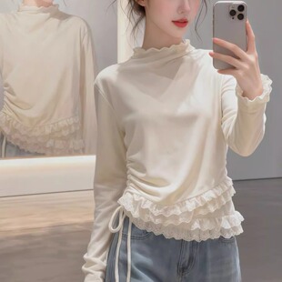 甜美风蕾丝木耳花边半高领长袖T恤女秋冬保暖加绒内搭打底衫上衣