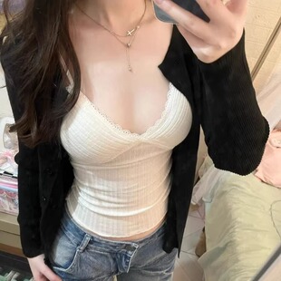 白色蕾丝v领吊带背心女款夏内搭带胸垫外穿纯欲修身独特绝美上衣