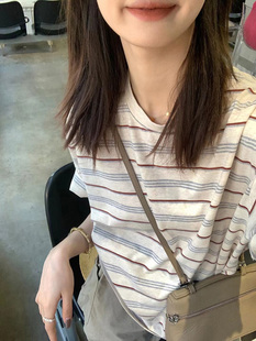 苎麻撞色条纹短袖t恤女夏季2026新款宽松韩系学生上衣设计感小众