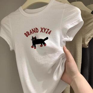 t恤女正肩夏季 短袖 设计感小众紧身显瘦掐腰韩系上衣 白色修身 美式