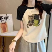 显瘦不规则弧形ins夏季 T恤女修身 短款 潮流chic卡通小猫印花插肩袖