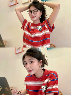 美式复古红色条纹t恤女短袖夏季2026新款宽松独特上衣设计感小众