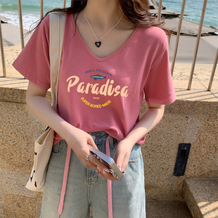 夏日粉色多巴胺正肩短袖 韩系甜辣字母印花v领显瘦棉上衣服 t恤女装
