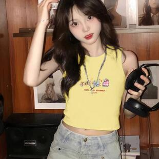 小众chic棉短款 夏季 吊带工字背心ins潮 辣妹t恤上衣女款 多巴胺修身