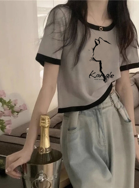美式棉短袖正肩t恤女夏季设计感小众修身体恤短款上衣服2026新款