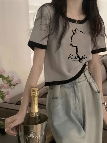 美式棉短袖正肩t恤女夏季修身