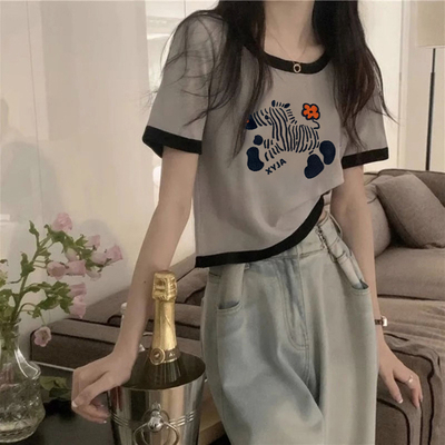 欧货短款撞色修身短袖t恤女夏季