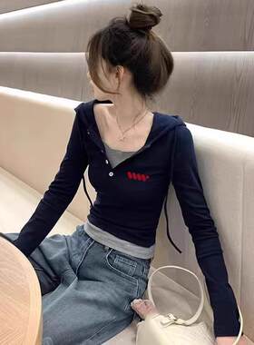 假两件连帽修身短款t恤女生秋冬
