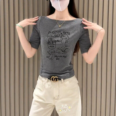 温柔气质卡通印花正肩短袖t恤女