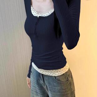 小个子碎花假两件打底衫女生春秋季修身长袖t恤甜辣早秋chic上衣