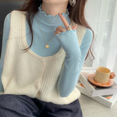 内搭t恤上衣温柔风 蓝色半高领修身 木耳边打底衫 女生2026秋冬新款
