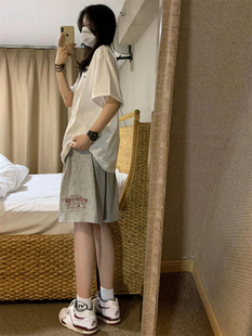 高腰棉运动短裤浅灰色中性风篮球宽松直筒阔腿五分裤子女生夏季潮