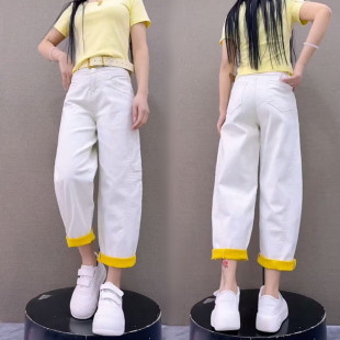 高腰显瘦洋气白色直筒哈伦裤 撞色九分牛仔弯刀裤 女2025年春夏新款