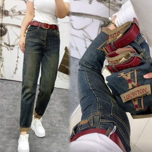 高腰宽松显瘦卷边哈伦裤 女复古蓝刺绣九分老爹裤 子 牛仔裤 2025秋季