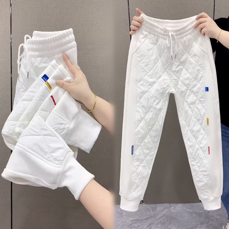 2024秋季加绒加厚哈伦裤女高腰显瘦拼接羽绒棉宽松百搭九分二棉裤