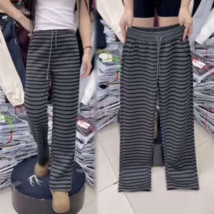 棉质条纹高腰显瘦阔腿拖地休闲长裤 加绒加厚直筒裤 女2025秋冬新款