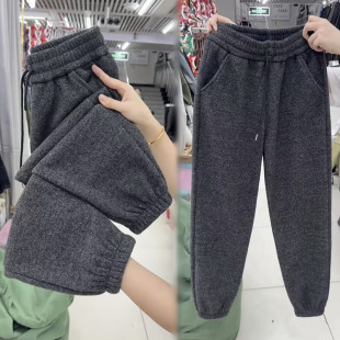 2025秋冬加绒加厚宽松显瘦束脚卫裤 女高腰九分小个子休闲灰哈伦裤