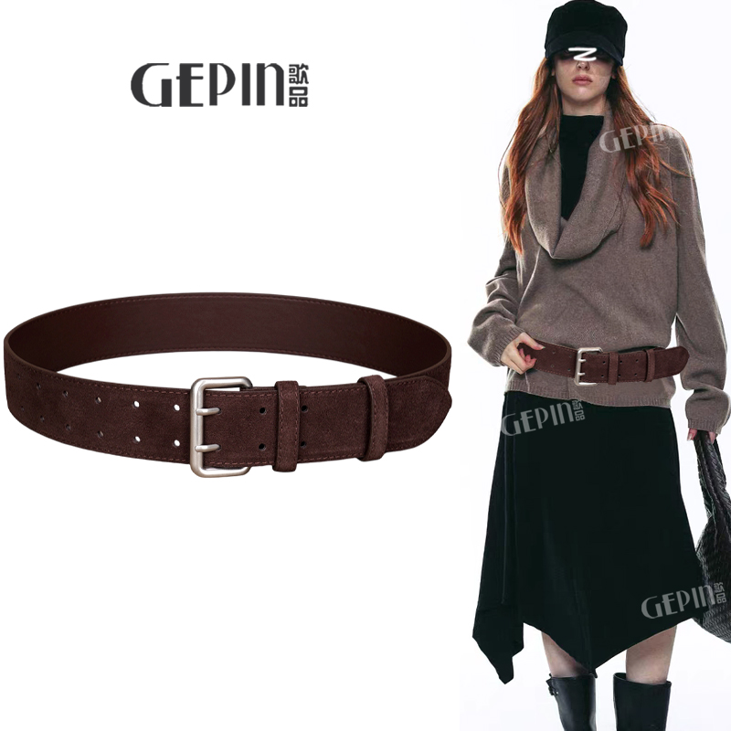 双针装饰宽腰带复古麂皮绒腰封