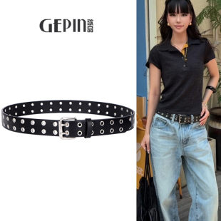 真皮腰带男女款 朋克百搭千禧年镂空铆钉双排扣免打孔皮带 y2k美式