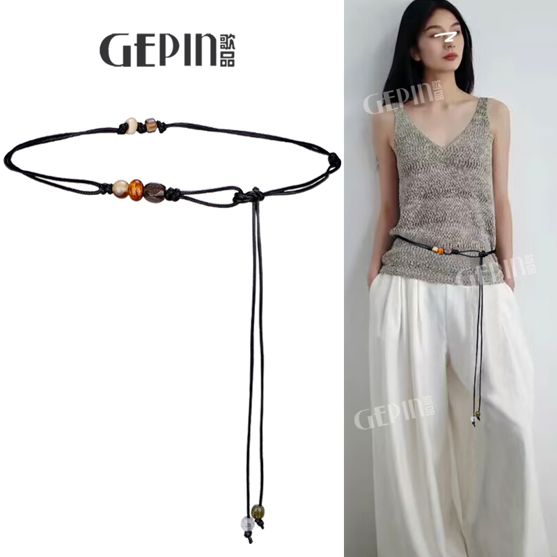 手工串珠黑色编织细腰带复古腰绳