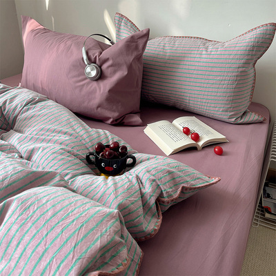 花田小汐 紫青条纹全棉色织水洗棉四件套纯棉床单被套宿舍三件套4