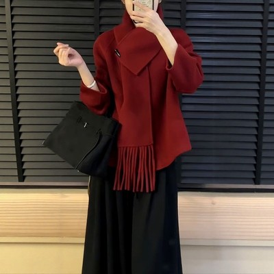 韩系斗篷毛呢外套女红色流苏围巾