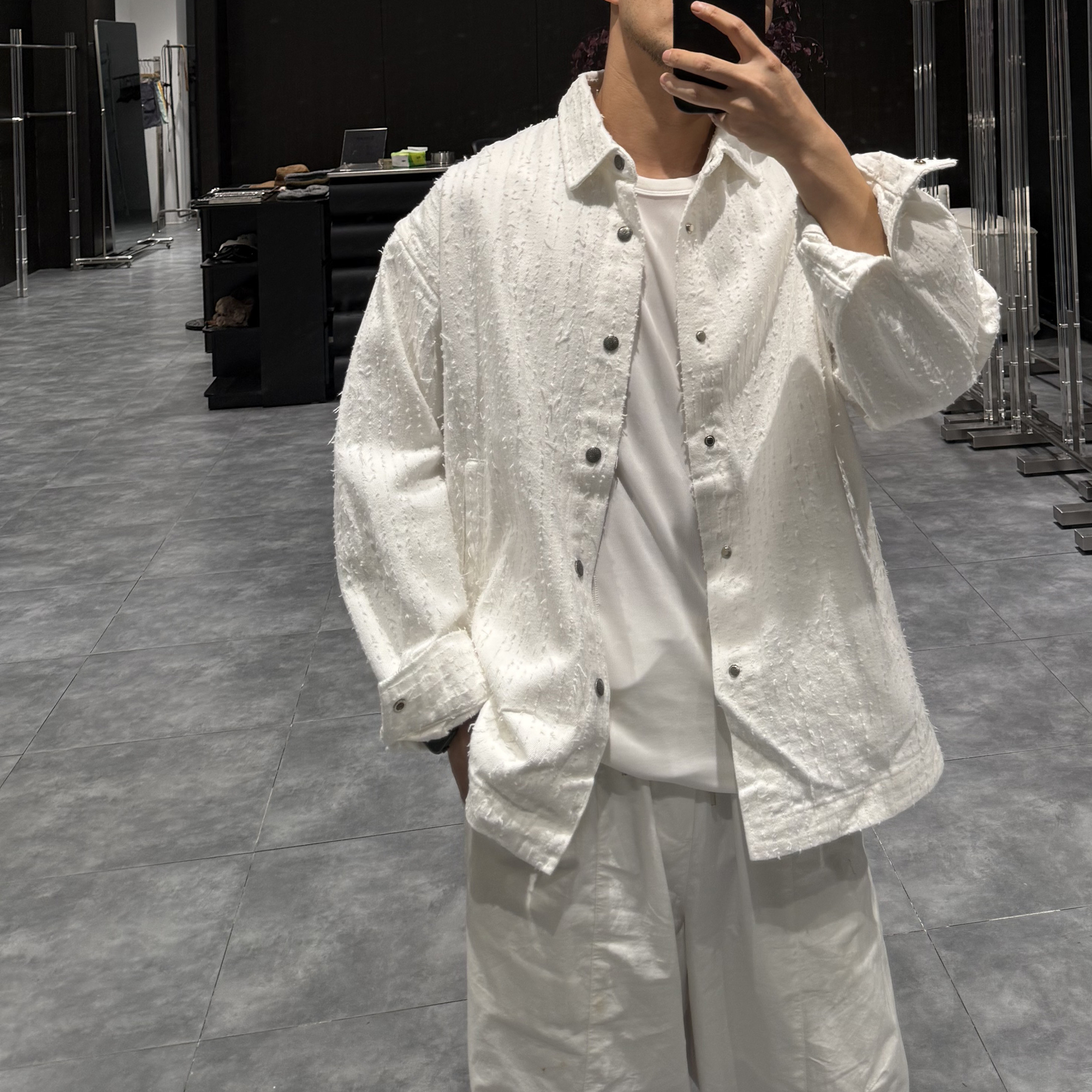 牛仔衬衣潮牌潮流时尚百搭宽松痞帅高端设计感面料男装上衣外套