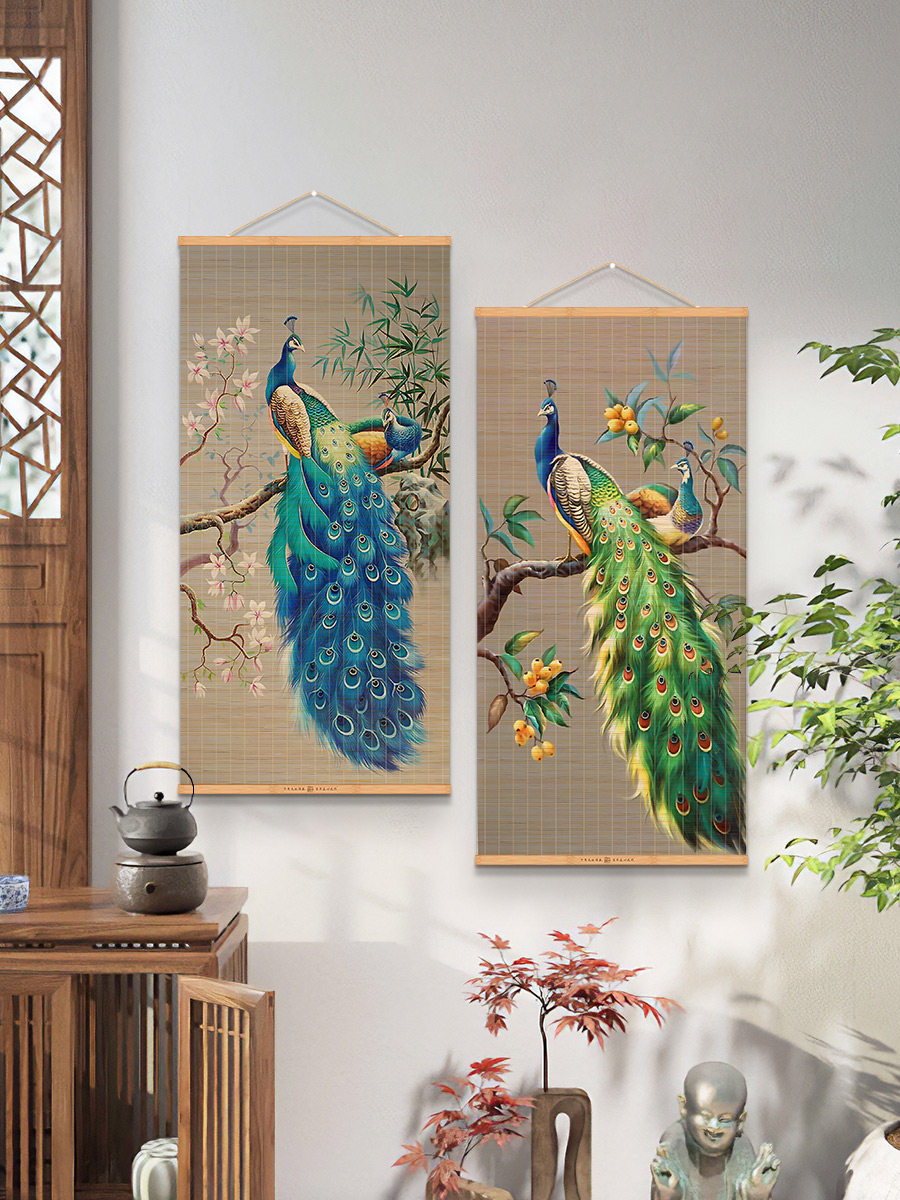 孔雀现代装饰画客厅沙发背景墙艺术挂画入口门入口竹帘卷轴挂画