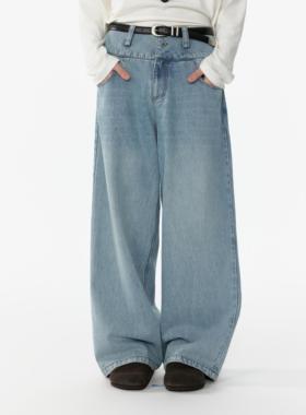 APOECHO   美式牛仔裤秋男复古水洗蓝色宽腰阔腿水洗慵懒宽松长裤