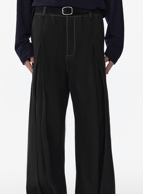 APOECHO   美式重磅黑色阔腿牛仔裤男直筒高街宽松感秋季褶皱长裤