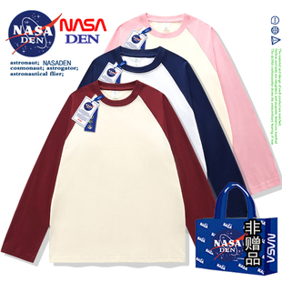 宽松内搭潮牌上衣 纯棉T恤男女春秋季 NASA联名美式 复古拼接插肩袖