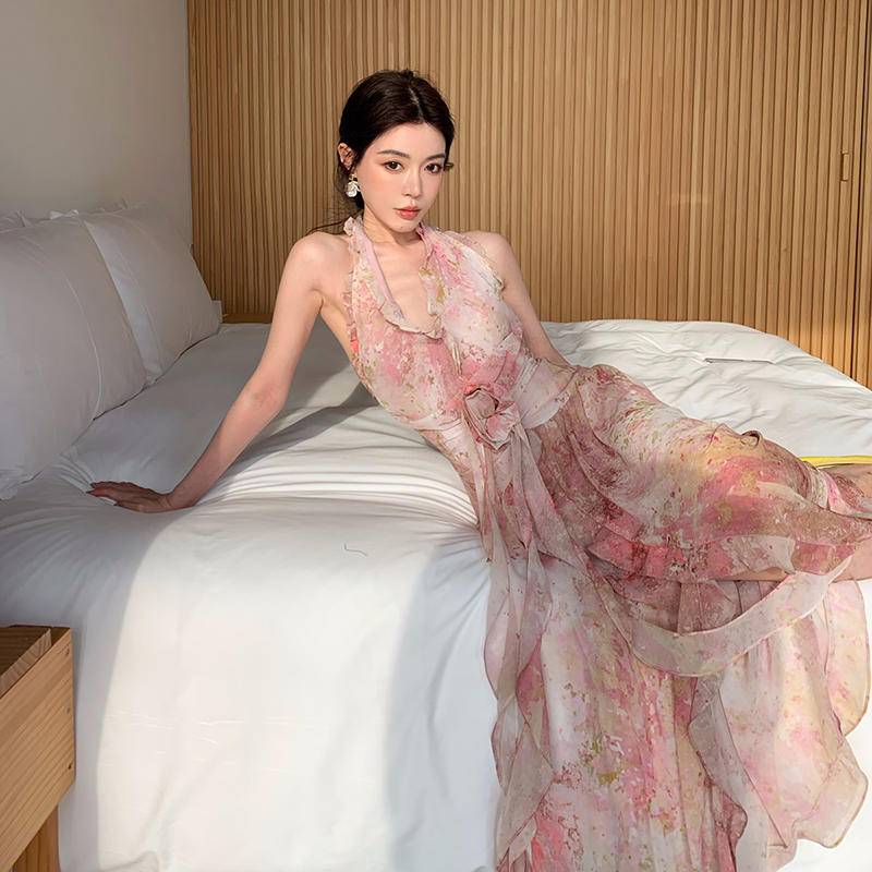 SMOL“杜赛画廊”设计感花边无袖印花挂脖连衣裙收腰气质飘逸长裙