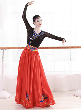 新款蒙古族舞蹈练习上衣成人裙新疆维族练功大摆裙舞蹈服女对襟黑