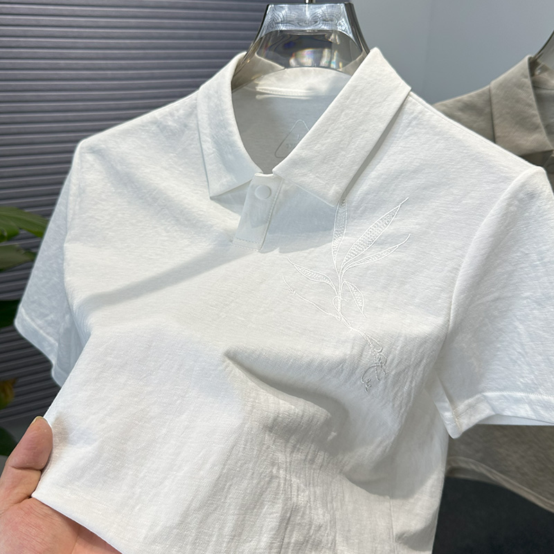 亚麻短袖T恤男士翻领刺绣中国风夏季上衣棉麻半袖纯色百搭开衩潮