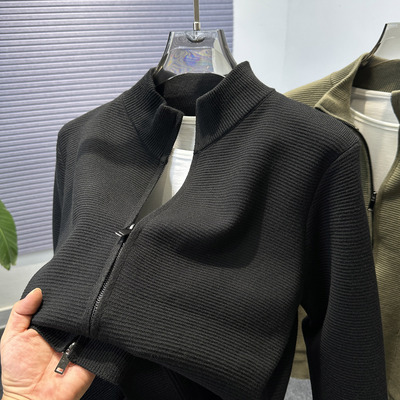 双拉链开衫男针织衫衣外套立领