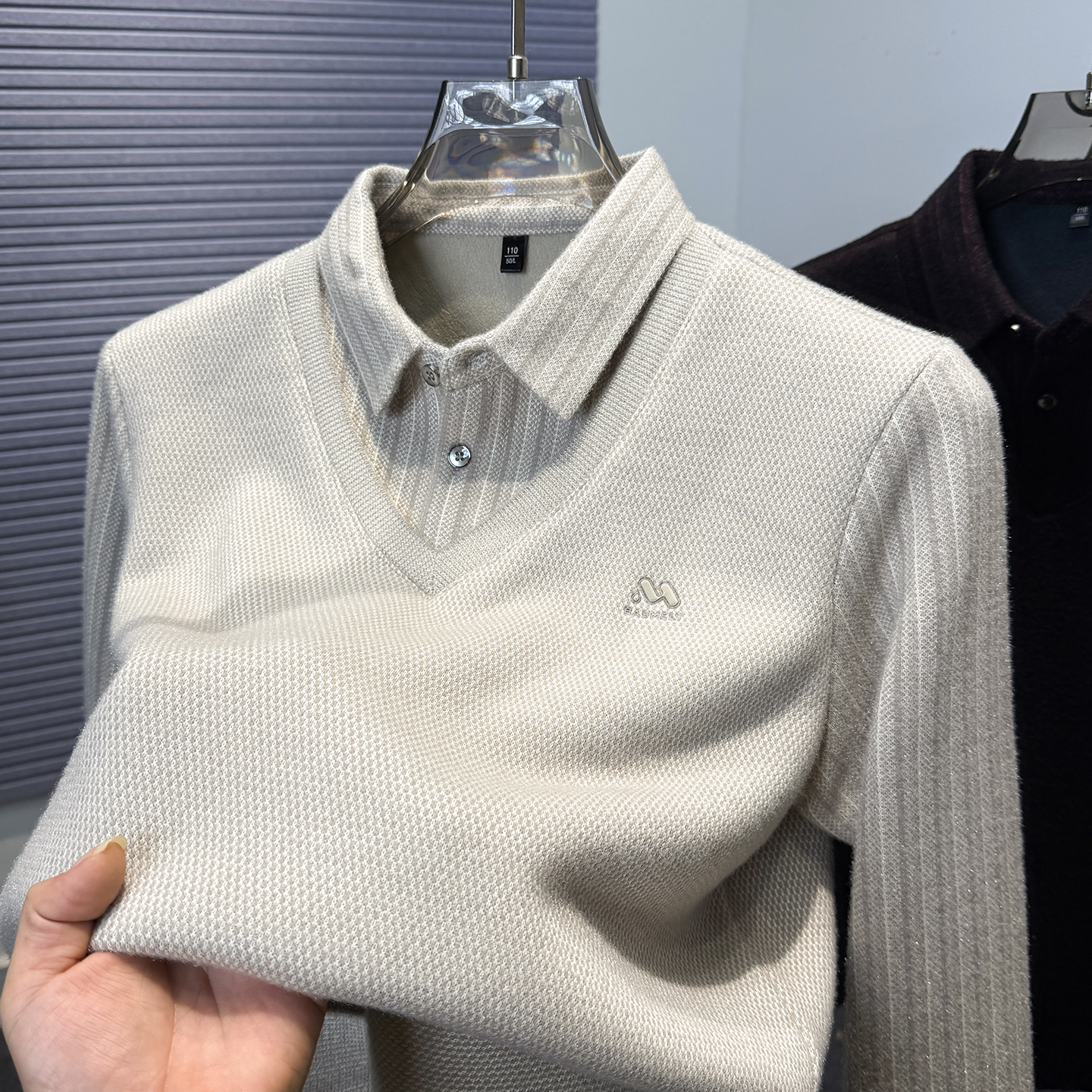 一体绒假两件毛衣男打底上衣