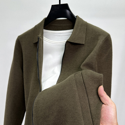 高品质拉链翻领开衫毛衣外套男装潮流纯色修身针织衫外穿休闲夹克