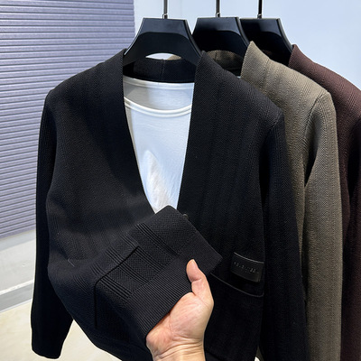 提花V领开衫男针织衫春秋款男士纯色休闲百搭毛衣外套披肩外穿潮
