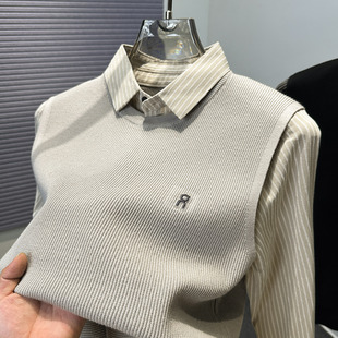 竖条衬衫领毛衣男秋冬季男士宽松休闲假两件针织套头内搭打底衫潮