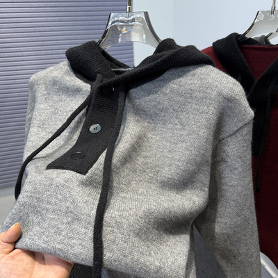 拼色连帽针织卫衣男毛衣宽松慵懒