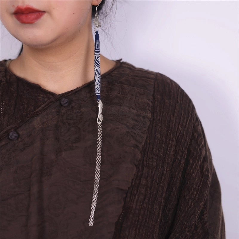 单只如意长流苏夸张个性仿老银做旧耳坠复古民族风蜡染长款耳环44