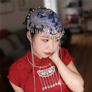 杨丽萍蜡染款帽子民族风手缝仿老银个性发箍头饰时尚百搭休闲帽女