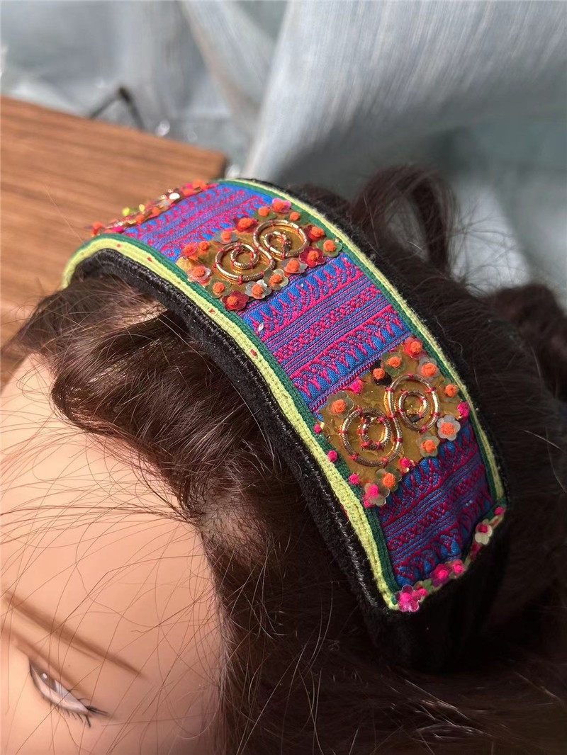 民族风宽发箍手工刺绣缝制马尾绣打籽绣压发圈苗族夸张原创设计